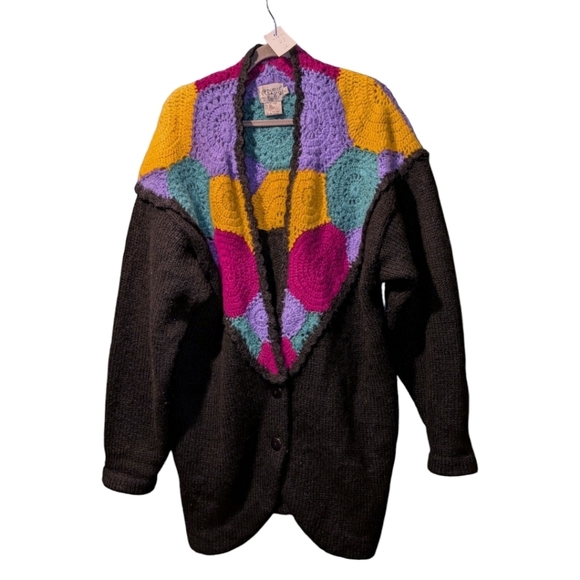 L (27" Ptp) • Vintage Cervelle • Colorful Crochet Collar Wool Blend Cardigan - Picture 4 of 4